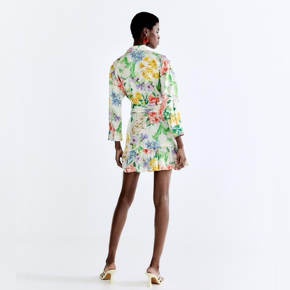 ZARA Long Sleeve Floral Button Down Dress with Front Tie Bow Satin Like Material - Picture 5 of 10